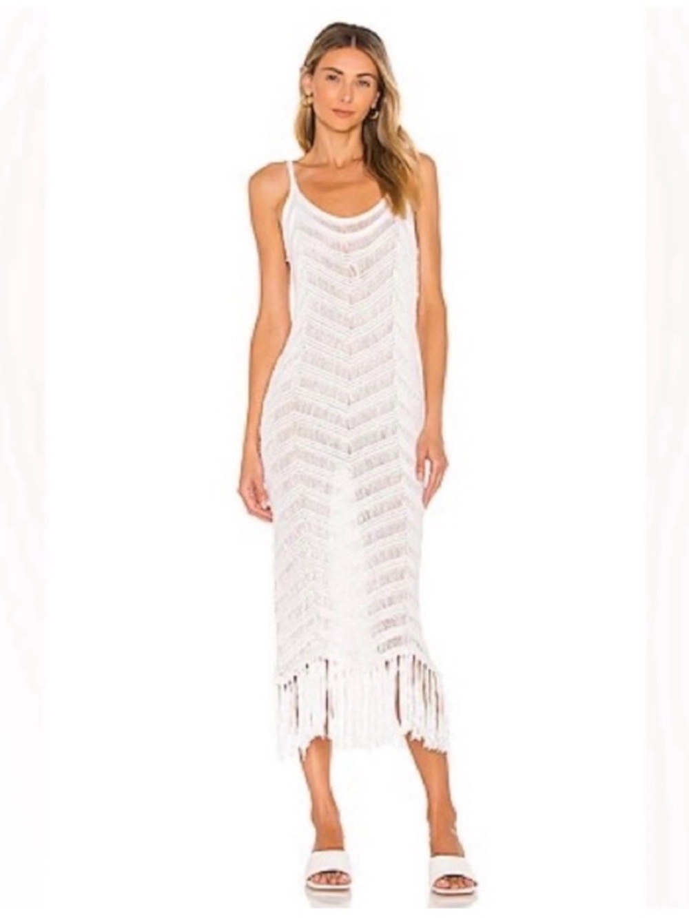 525 America White Crochet Maxi Dress/Swim Cover Up with Fringe